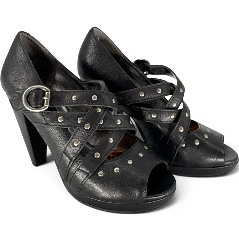 Gianni Bini Black Studded Strappy Peep Toe Platform Heels Size 6.5 Goth Biker